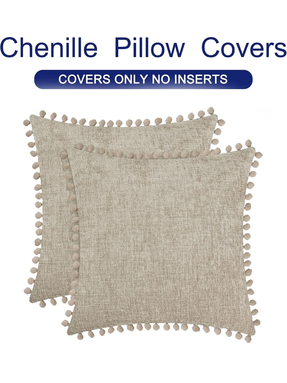 20x20 Pack of 2, Cozy Chenille Cushion Cases, with Pom Poms. 511/bb8-2:v - Picture 4 of 6